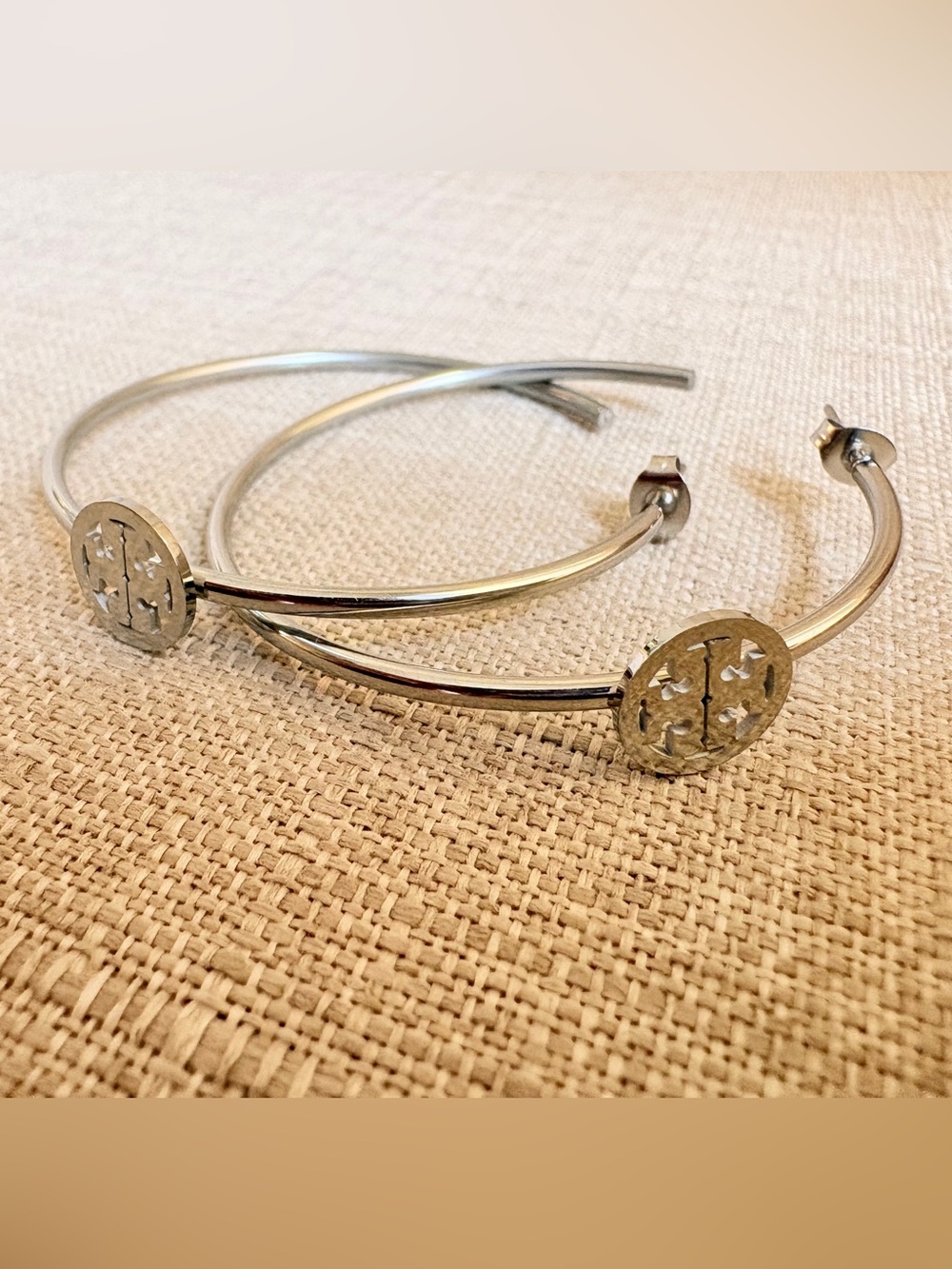Tory Burch Silver-Tone Logo Hoop Earrings- NEW! - Picture 4 of 5